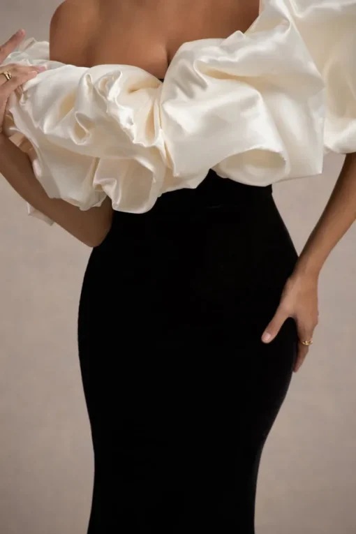 Cecily | Black Velvet Bardot Maxi Dress With Satin Ruffle Trim