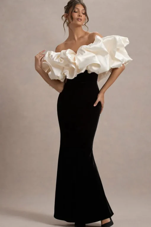 Cecily | Black Velvet Bardot Maxi Dress With Satin Ruffle Trim