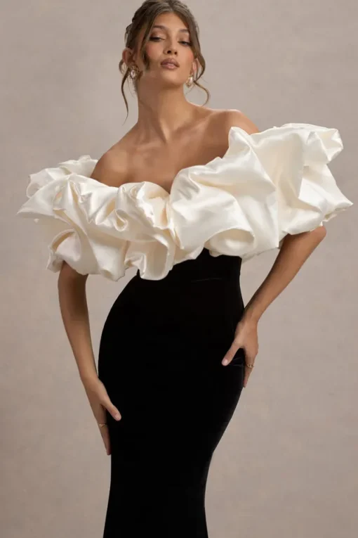 Cecily | Black Velvet Bardot Maxi Dress With Satin Ruffle Trim
