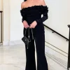 Celebrate | Black Bardot Long-Sleeved Flared-Leg Jumpsuit With Flowers