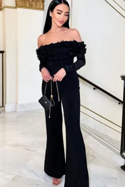 Celebrate | Black Bardot Long-Sleeved Flared-Leg Jumpsuit With Flowers