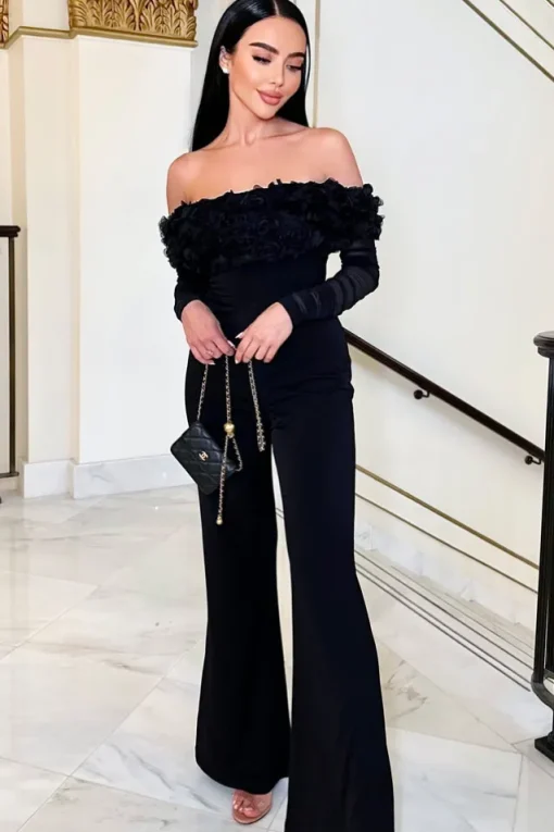 Celebrate | Black Bardot Long-Sleeved Flared-Leg Jumpsuit With Flowers
