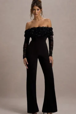 Celebrate | Black Bardot Long-Sleeved Flared-Leg Jumpsuit With Flowers