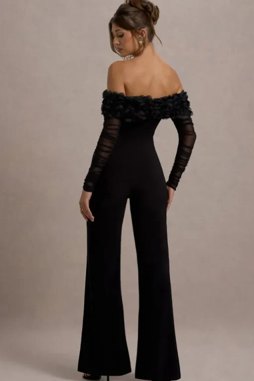 Celebrate | Black Bardot Long-Sleeved Flared-Leg Jumpsuit With Flowers