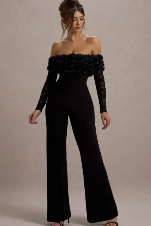 Celebrate | Black Bardot Long-Sleeved Flared-Leg Jumpsuit With Flowers