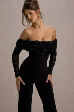 Celebrate | Black Bardot Long-Sleeved Flared-Leg Jumpsuit With Flowers