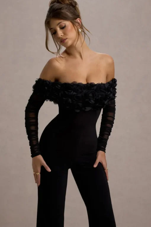 Celebrate | Black Bardot Long-Sleeved Flared-Leg Jumpsuit With Flowers
