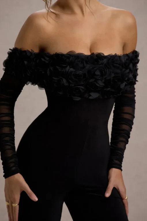 Celebrate | Black Bardot Long-Sleeved Flared-Leg Jumpsuit With Flowers
