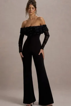 Celebrate | Black Bardot Long-Sleeved Flared-Leg Jumpsuit With Flowers