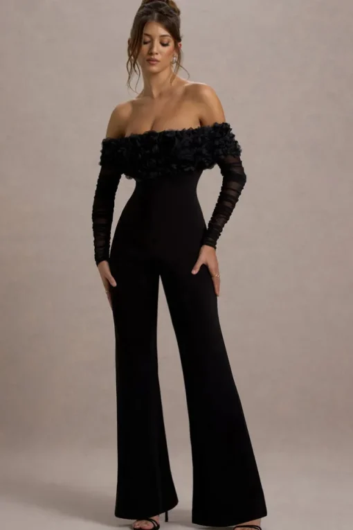 Celebrate | Black Bardot Long-Sleeved Flared-Leg Jumpsuit With Flowers