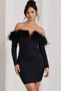 Celia | Black Plunge Neck Bardot Mini Dress With Feather Trim Detail