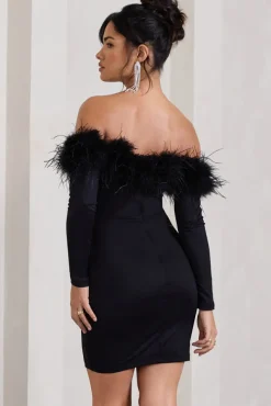 Celia | Black Plunge Neck Bardot Mini Dress With Feather Trim Detail