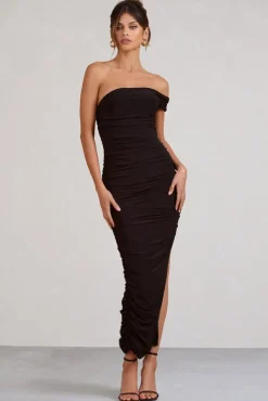 Celine | Black Asymmetric One Shoulder Ruched Maxi Dress With Curved Cut Out