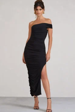 Celine | Black Asymmetric One Shoulder Ruched Maxi Dress With Curved Cut Out