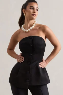 Century | Black Satin Strapless Button Front Corset Top
