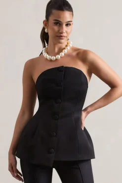 Century | Black Satin Strapless Button Front Corset Top