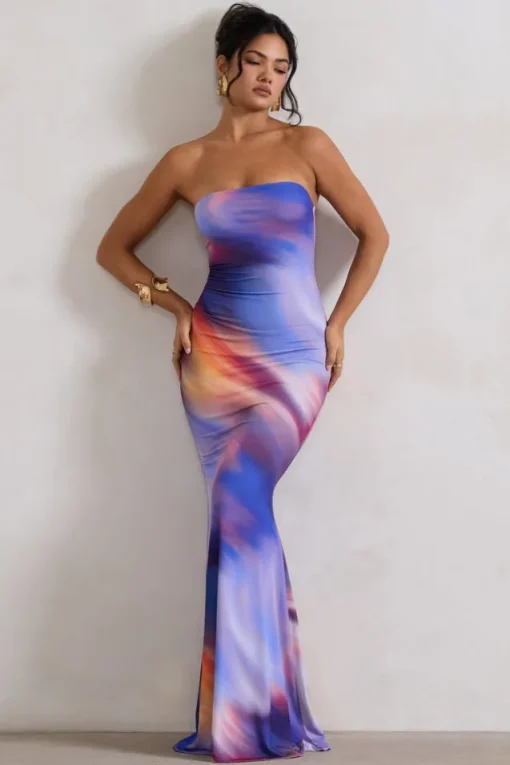 Ceremony | Abstract Print Bandeau Fishtail Maxi Dress
