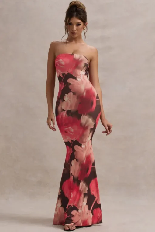 Ceremony | Red Floral Print Bandeau Fishtail Maxi Dress