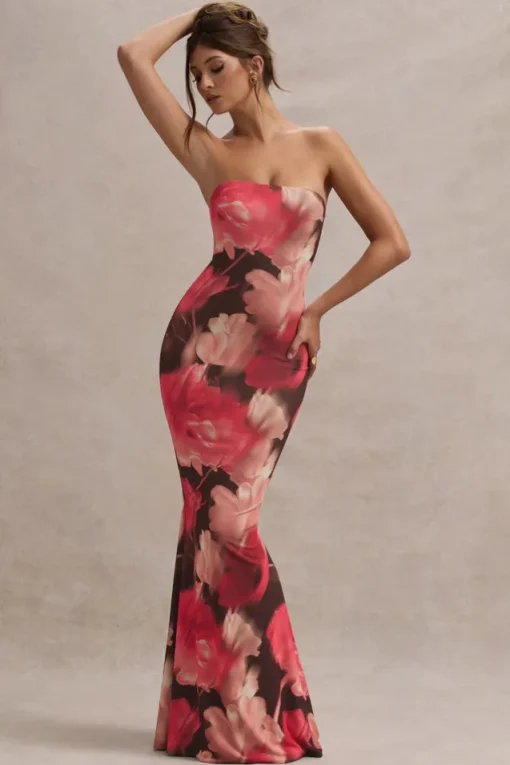 Ceremony | Red Floral Print Bandeau Fishtail Maxi Dress