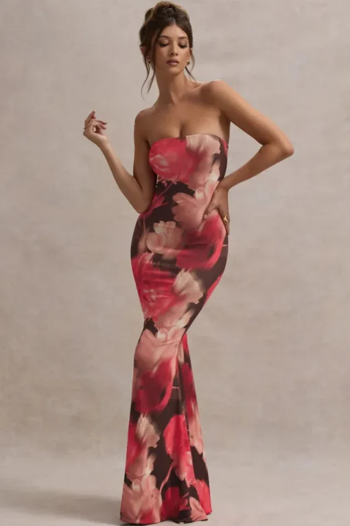 Ceremony | Red Floral Print Bandeau Fishtail Maxi Dress