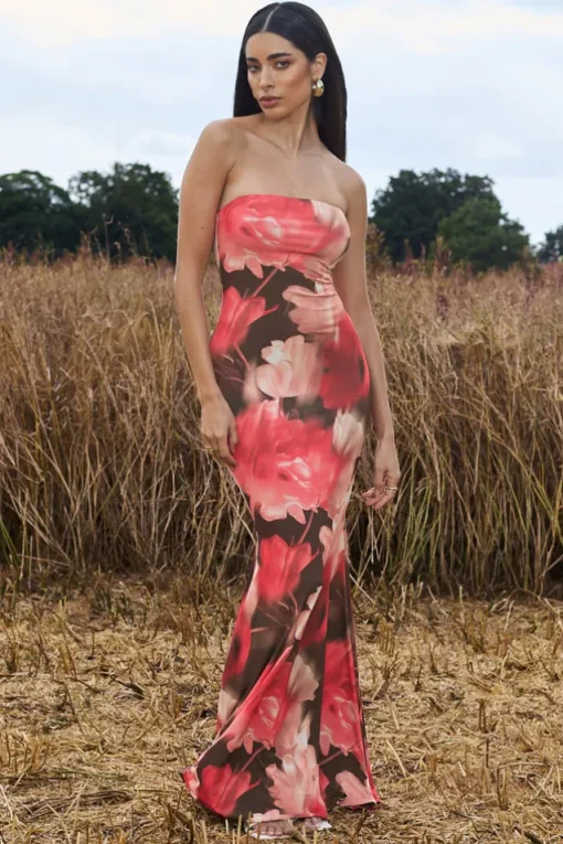 Ceremony | Red Floral Print Bandeau Fishtail Maxi Dress