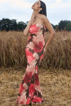 Ceremony | Red Floral Print Bandeau Fishtail Maxi Dress