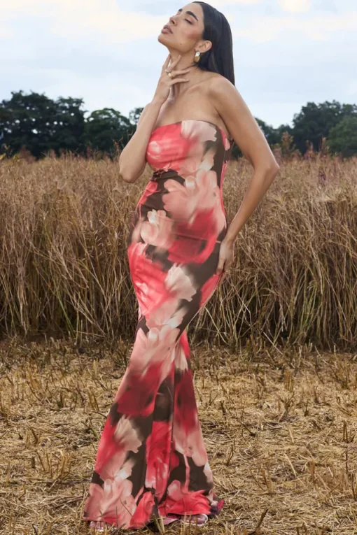 Ceremony | Red Floral Print Bandeau Fishtail Maxi Dress