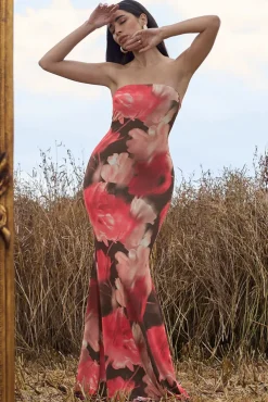 Ceremony | Red Floral Print Bandeau Fishtail Maxi Dress