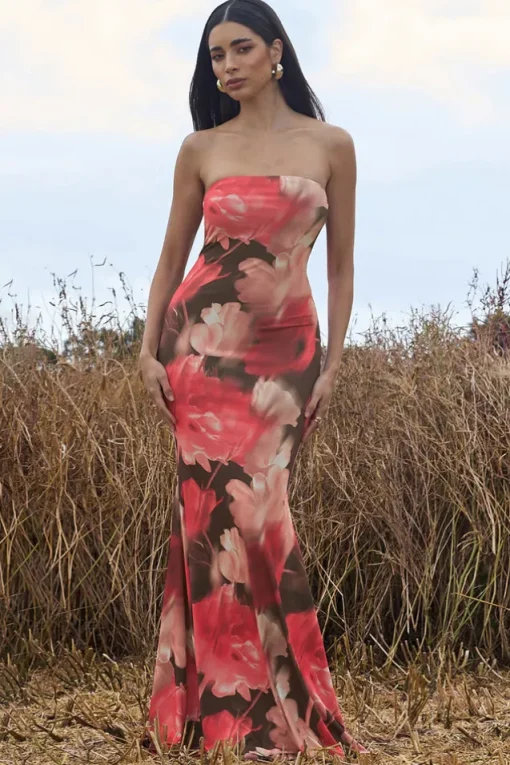 Ceremony | Red Floral Print Bandeau Fishtail Maxi Dress