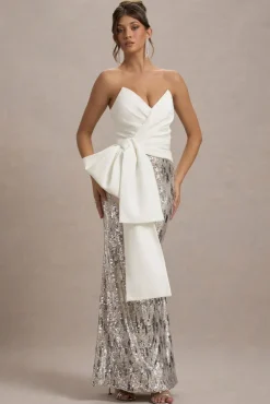Ceres | Ecru Strapless Draped Maxi Dress With Sequin Skirt
