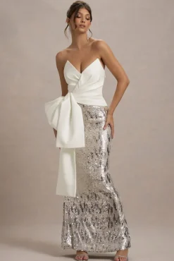 Ceres | Ecru Strapless Draped Maxi Dress With Sequin Skirt