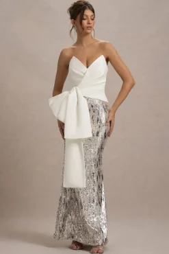 Ceres | Ecru Strapless Draped Maxi Dress With Sequin Skirt
