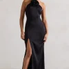 Cesca | Black Satin Halter-Neck Maxi Dress With Flower Corsage