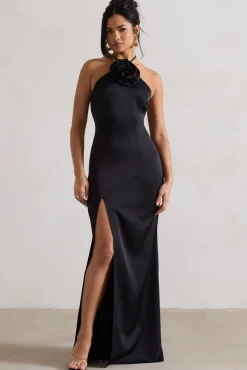 Cesca | Black Satin Halter-Neck Maxi Dress With Flower Corsage