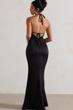 Cesca | Black Satin Halter-Neck Maxi Dress With Flower Corsage