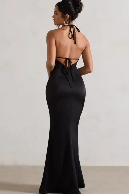 Cesca | Black Satin Halter-Neck Maxi Dress With Flower Corsage