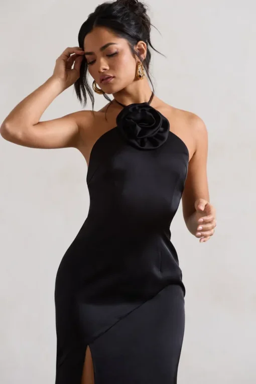 Cesca | Black Satin Halter-Neck Maxi Dress With Flower Corsage