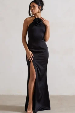 Cesca | Black Satin Halter-Neck Maxi Dress With Flower Corsage