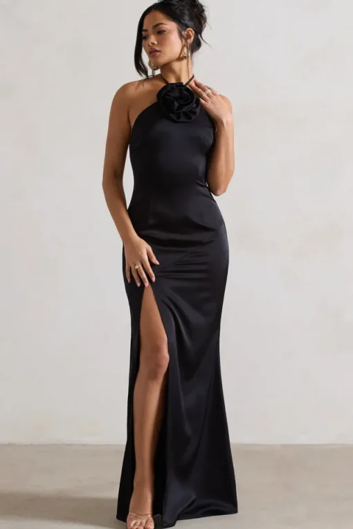 Cesca | Black Satin Halter-Neck Maxi Dress With Flower Corsage