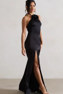 Cesca | Black Satin Halter-Neck Maxi Dress With Flower Corsage
