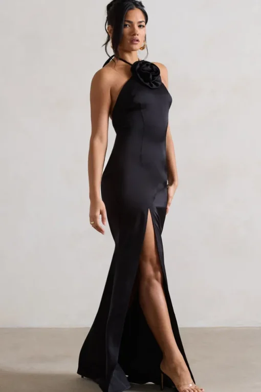 Cesca | Black Satin Halter-Neck Maxi Dress With Flower Corsage
