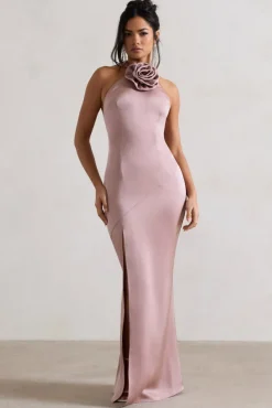 Cesca | Blush Pink Satin Halter-Neck Maxi Dress With Flower Corsage