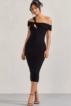 Chain Reaction | Black Strappy Asymmetric Bodycon Midi Dress