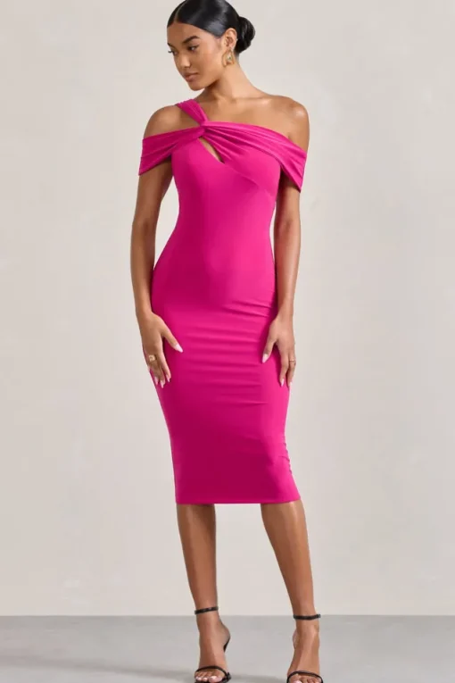Chain Reaction | Fuchsia Pink Strappy Asymmetric Bodycon Midi Dress