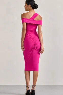 Chain Reaction | Fuchsia Pink Strappy Asymmetric Bodycon Midi Dress