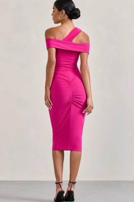 Chain Reaction | Fuchsia Pink Strappy Asymmetric Bodycon Midi Dress