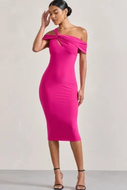 Chain Reaction | Fuchsia Pink Strappy Asymmetric Bodycon Midi Dress