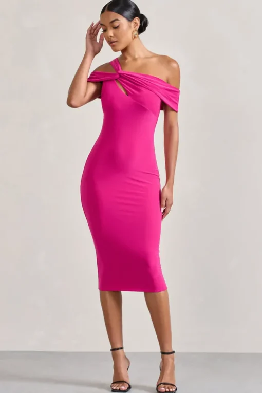Chain Reaction | Fuchsia Pink Strappy Asymmetric Bodycon Midi Dress