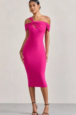 Chain Reaction | Fuchsia Pink Strappy Asymmetric Bodycon Midi Dress