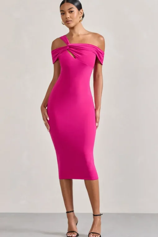 Chain Reaction | Fuchsia Pink Strappy Asymmetric Bodycon Midi Dress